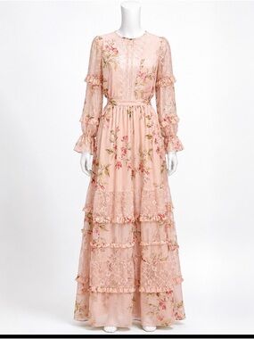 forever 21 embroidered lace dress PRINTED RUFFLED LACE MAXI DRESS YELLOW / M